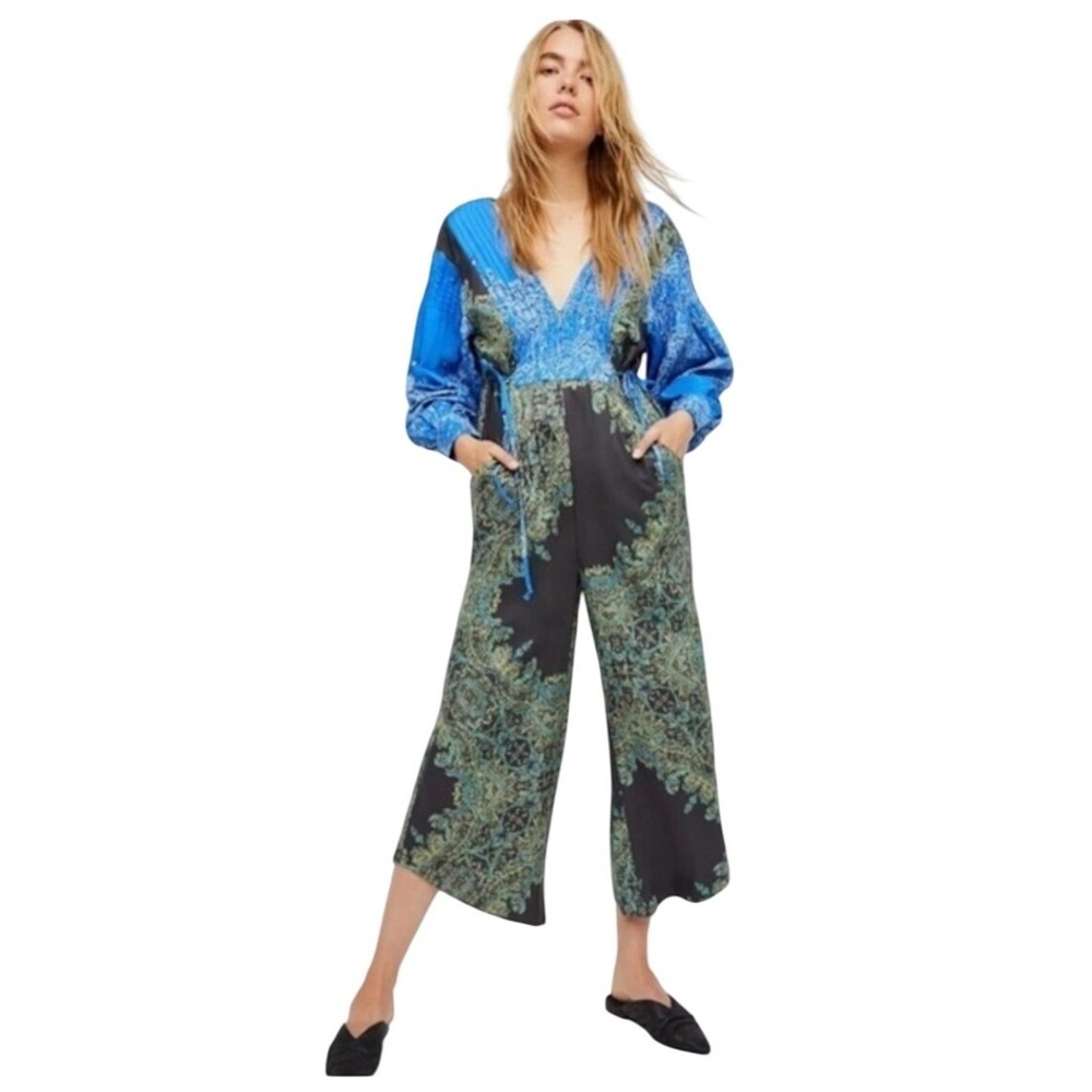 Free People SZ XS‎ Blooming Fields Paisley Print Wide Leg Jumpsuit Blue Green